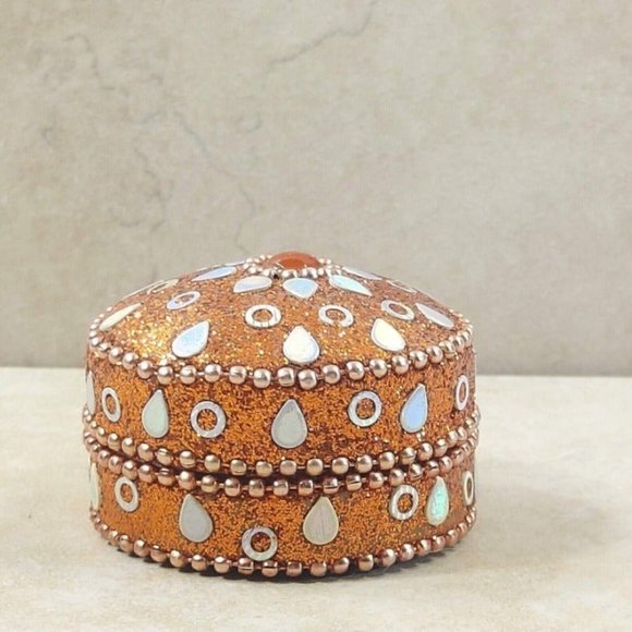 VTG Jewelry Box Orange Round Glitter Trinket Gift Beads Ornament Velvet Interior - Picture 3 of 12